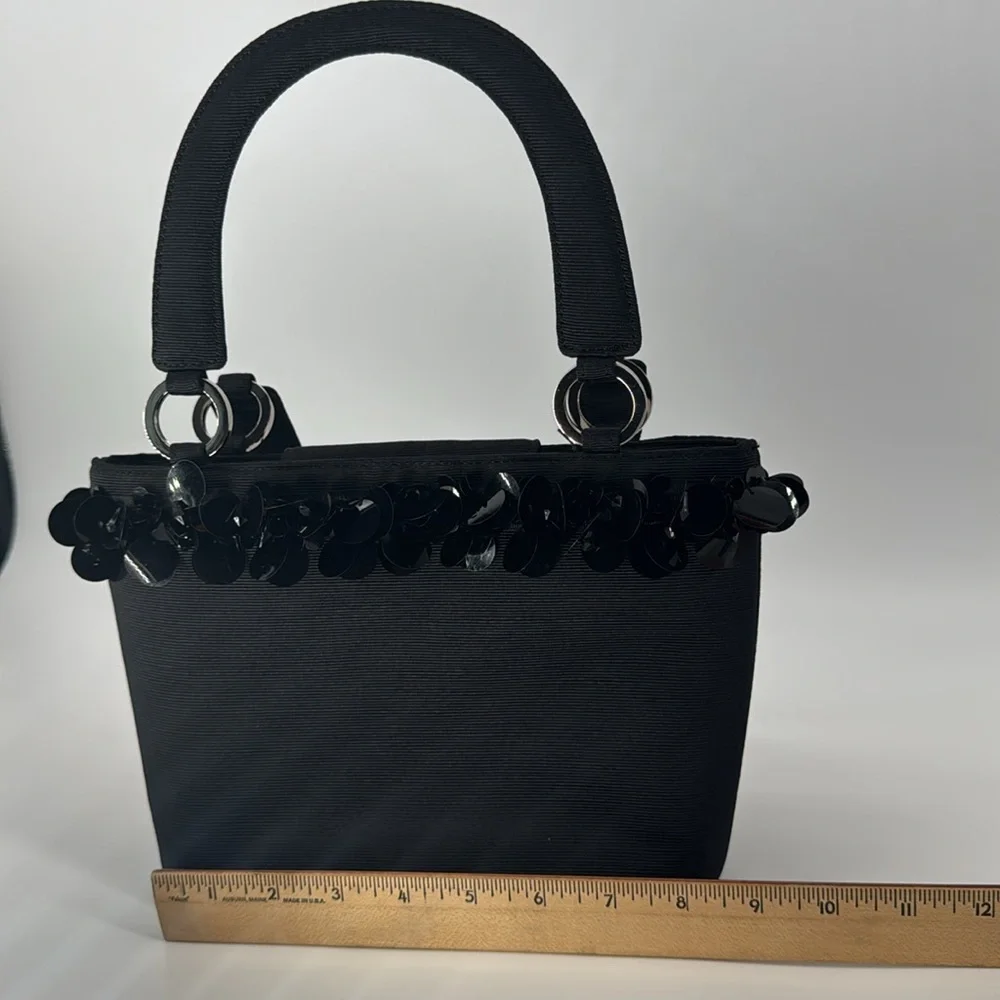 TALBOTS BLACK GROSGRAIN SATIN & BIG DANGLE‎ SEQUINS, BEADED BAG, HANDBAG